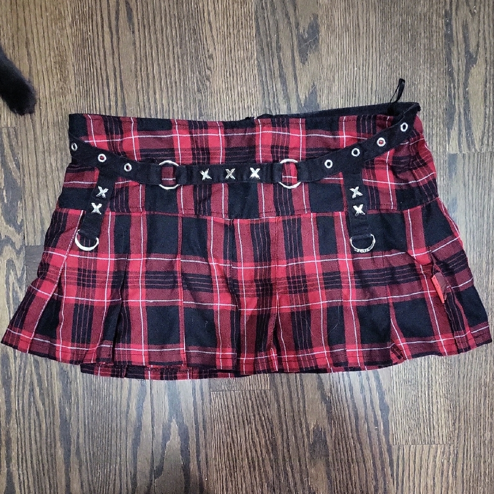 Tripp NYC Red and Black Plaid Pleated Mini Skirt with Grommet Belt